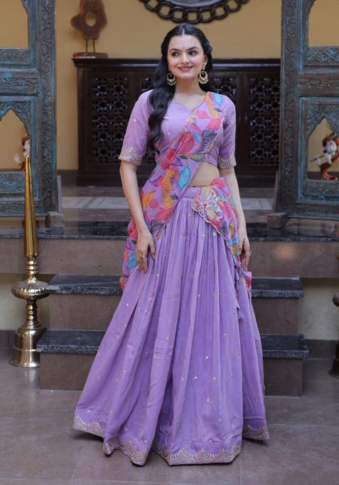 Purple Embroidered Silk Lehenga Set
