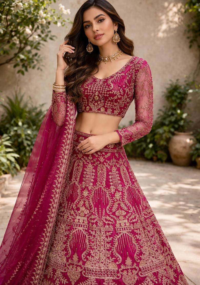 Magenta Embroidered Net Lehenga Set - Indya