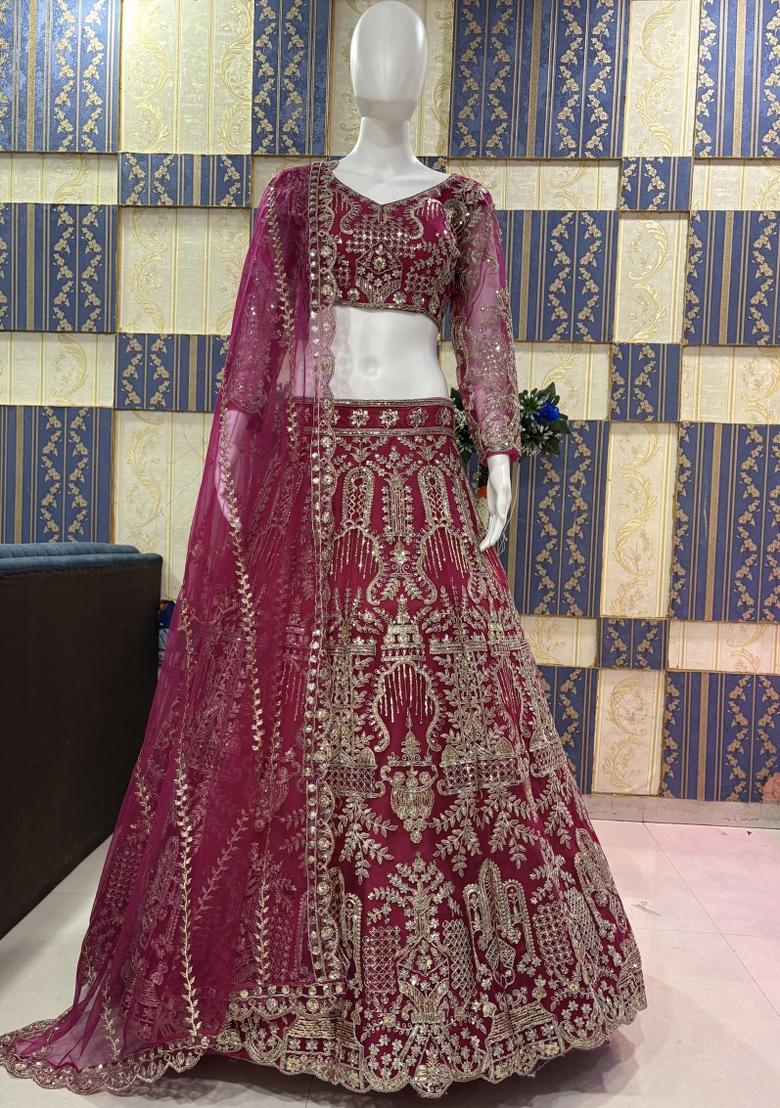 Magenta Embroidered Net Lehenga Set - Indya