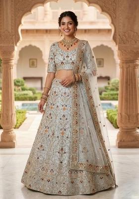Light Grey Embroidered Silk Lehenga Set