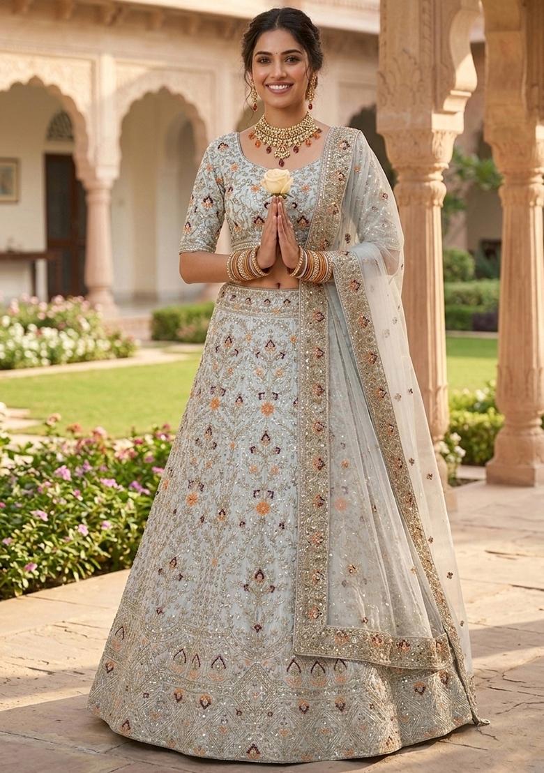 Light Grey Embroidered Silk Lehenga Set - Indya