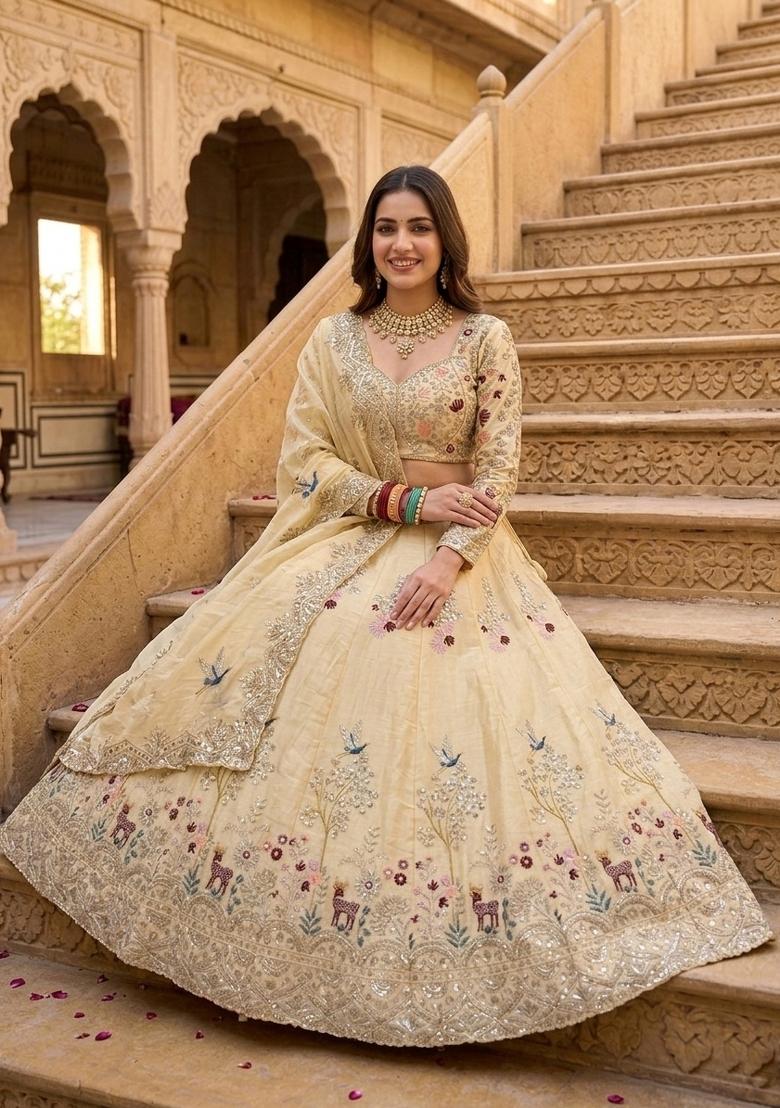 Light Yellow Embroidered Silk Lehenga Set - Indya