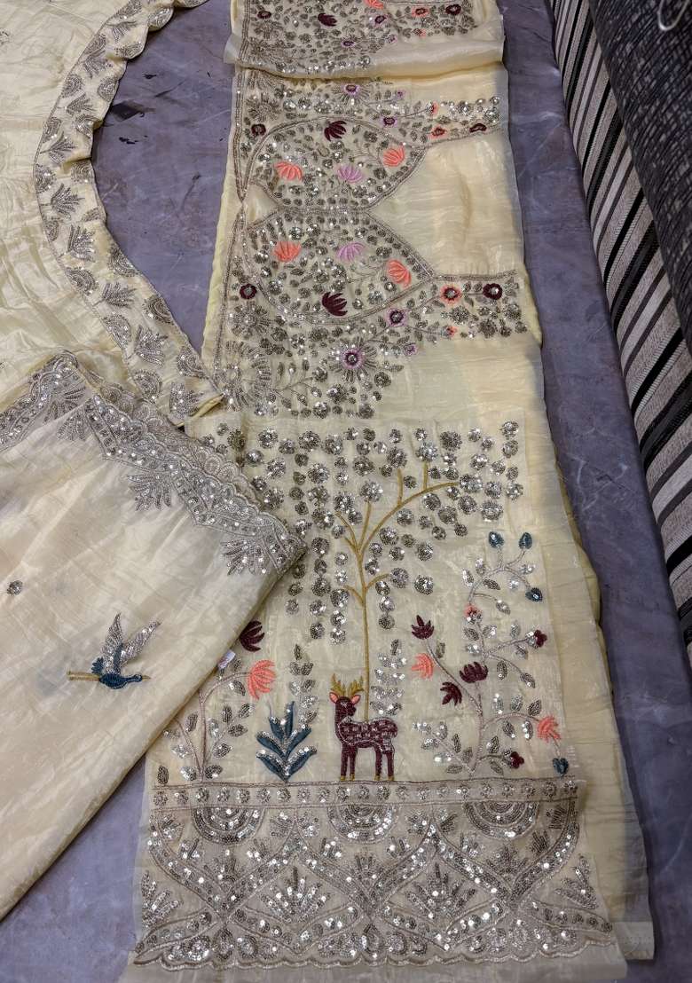 Light Yellow Silk Lehenga Set with Embroidered for Diwali | Wedding & Festive Wear - Indya