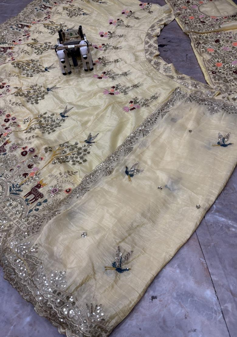Light Yellow Embroidered Silk Lehenga Set - Indya