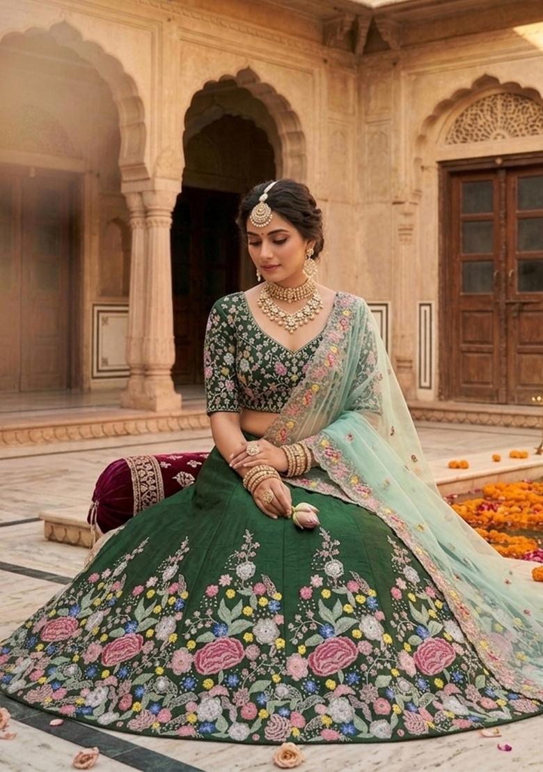 Green Embroidered Silk Lehenga Set - Indya