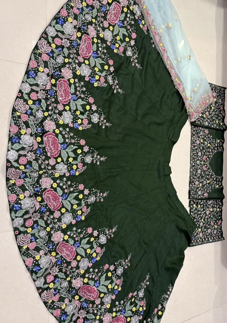 Green Embroidered Silk Lehenga Set - Indya