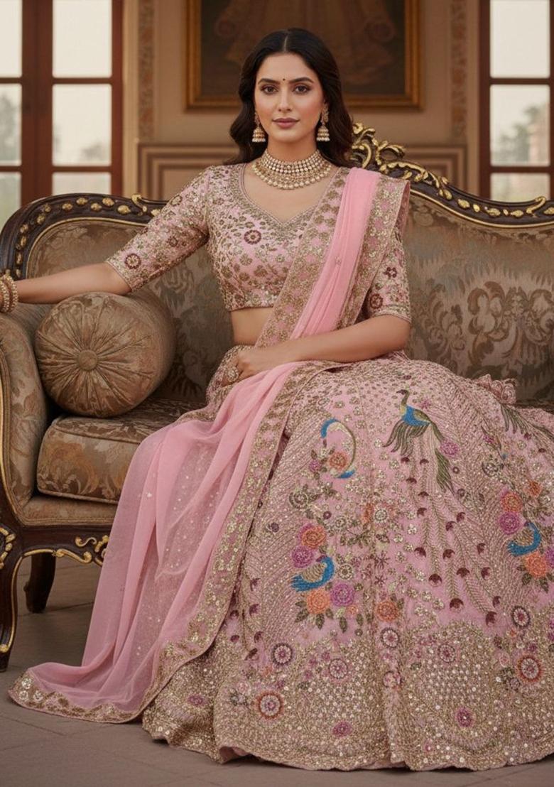 Pink Embroidered Georgette Lehenga Set - Indya