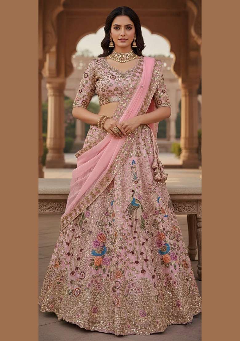 Pink Embroidered Georgette Lehenga Set for Diwali and Festive Wear - Indya