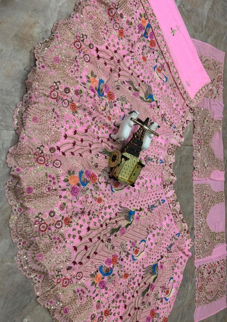 Pink Embroidered Georgette Lehenga Set - Indya