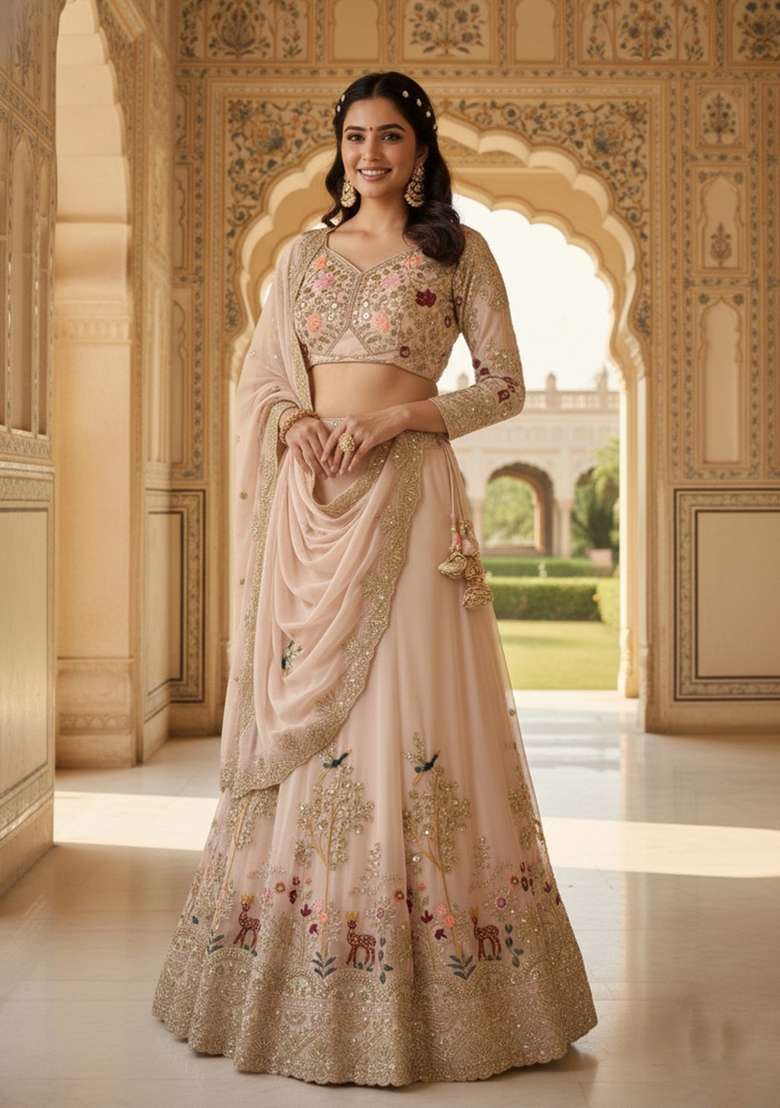 Cream Georgette Lehenga Set with Embroidered for Diwali | Wedding & Festive Wear - Indya