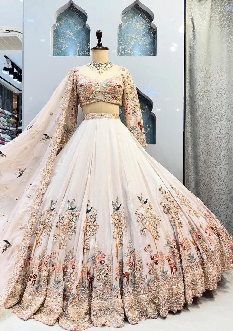Cream Embroidered Georgette Lehenga Set - Indya