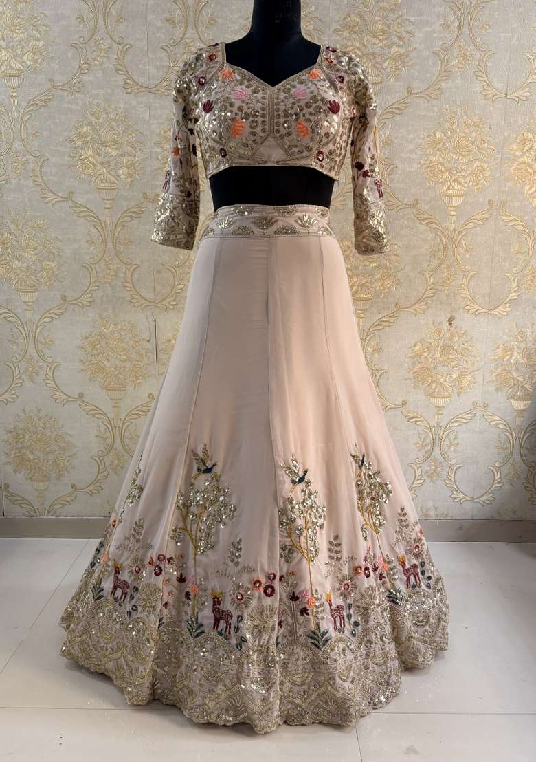 Cream Georgette Lehenga Set with Embroidered for Diwali | Wedding & Festive Wear - Indya