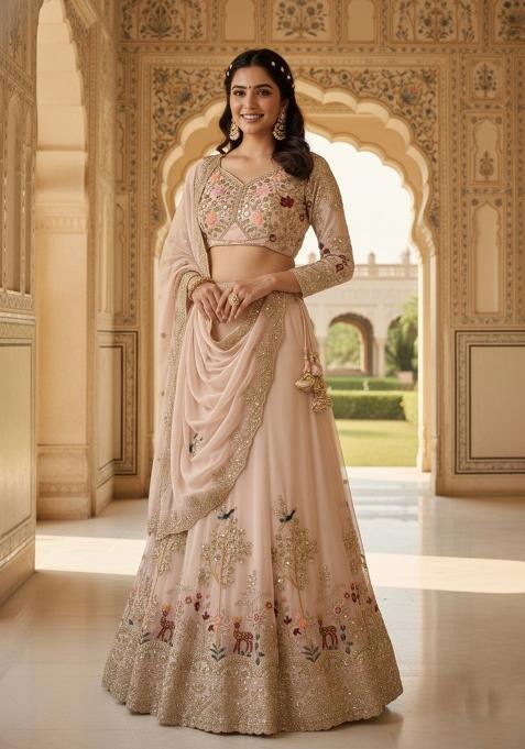 Cream Embroidered Georgette Lehenga Set