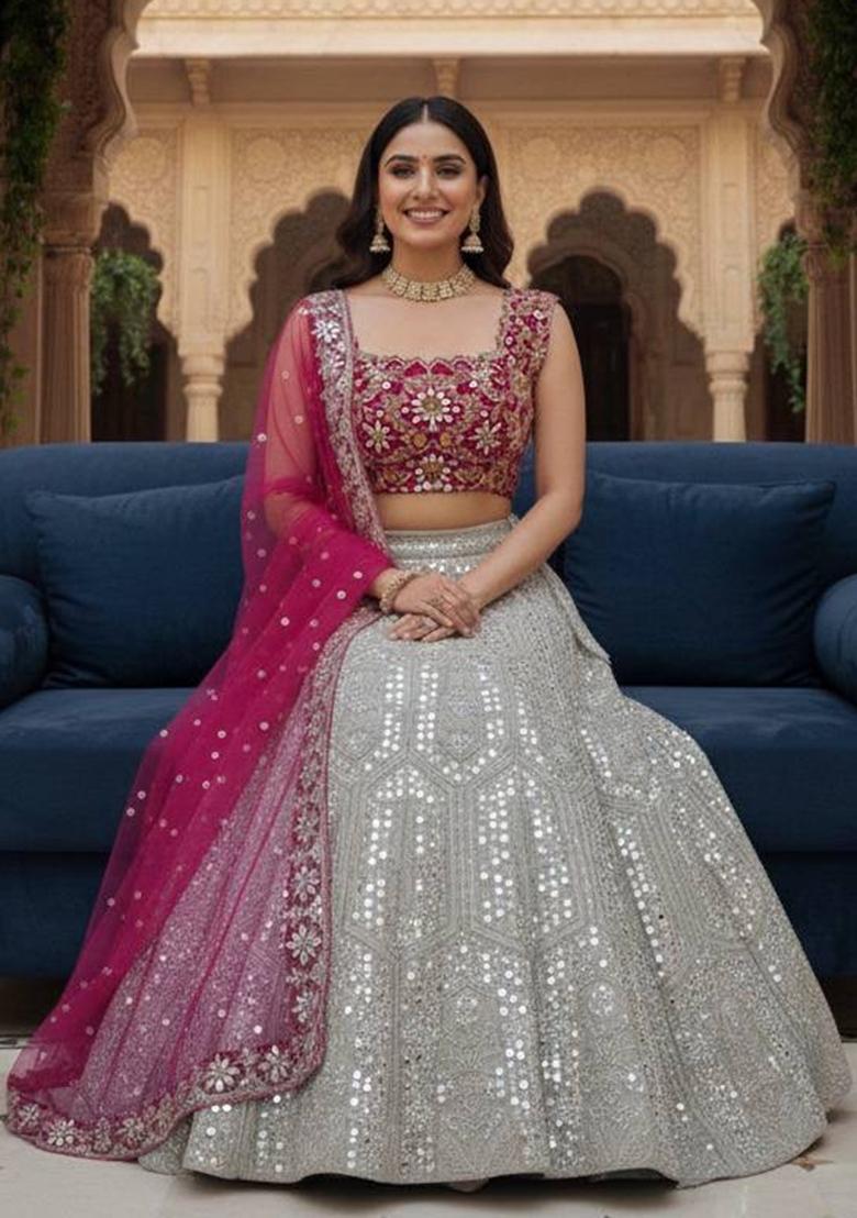 Pista Embroidered Georgette Lehenga Set - Indya