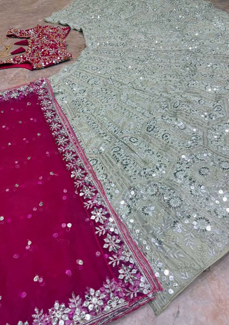Pista Georgette Lehenga Set with Embroidered for Diwali | Wedding & Festive Wear - Indya