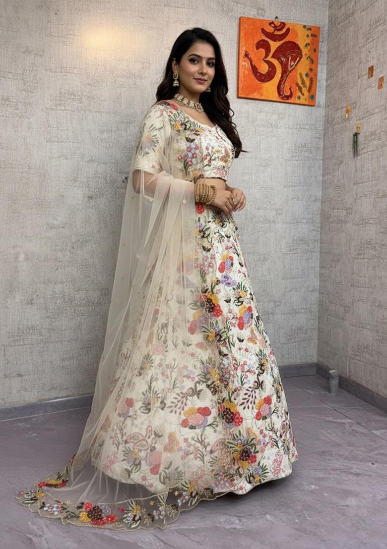 Cream Embroidered Silk Lehenga Set - Indya