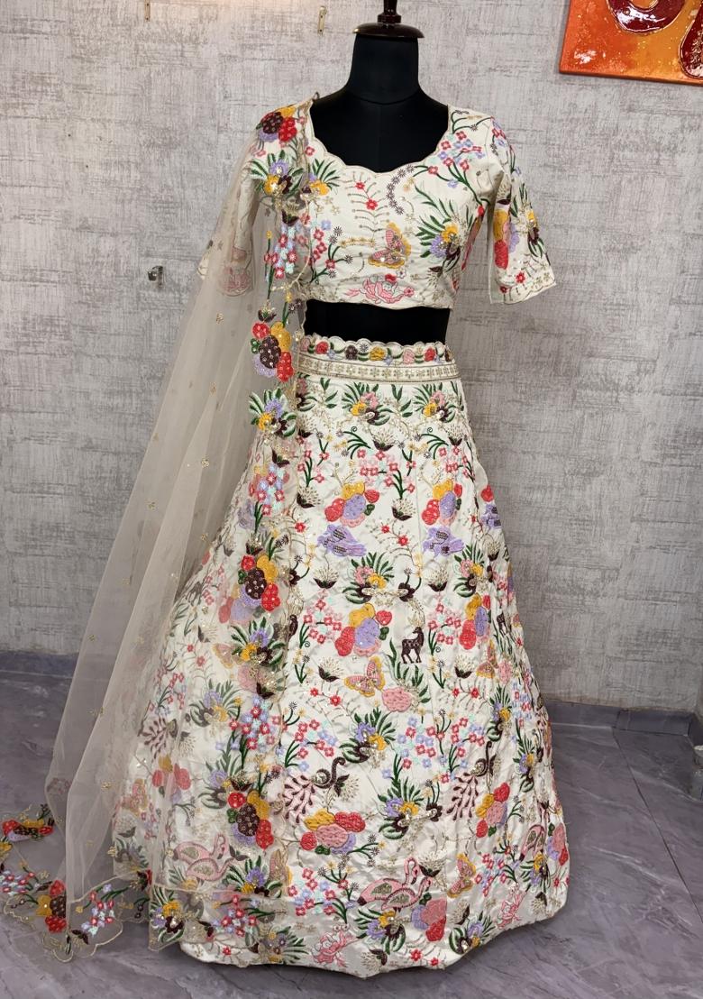 Cream Embroidered Silk Lehenga Set - Indya