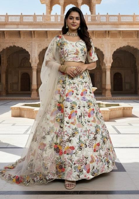 Cream Embroidered Silk Lehenga Set