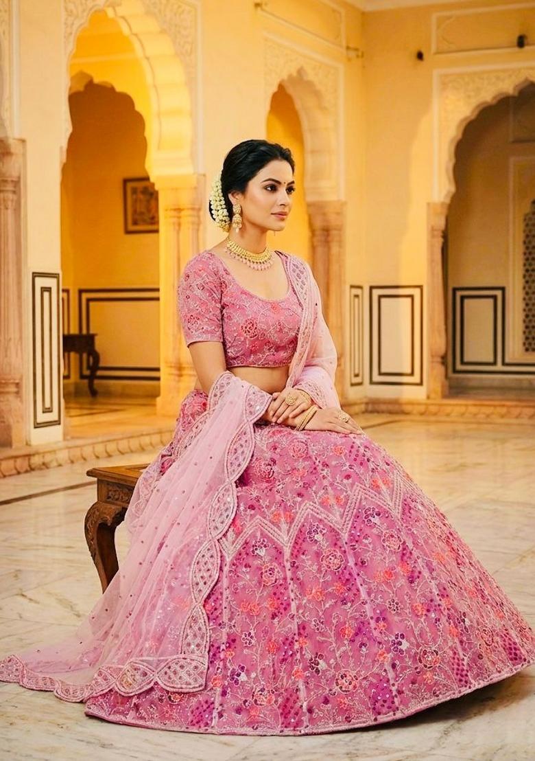 Pink Embroidered Net Lehenga Set - Indya