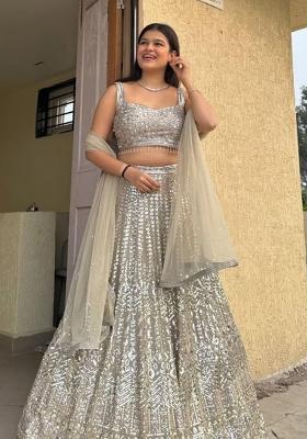 Grey Embroidered Georgette Lehenga Set