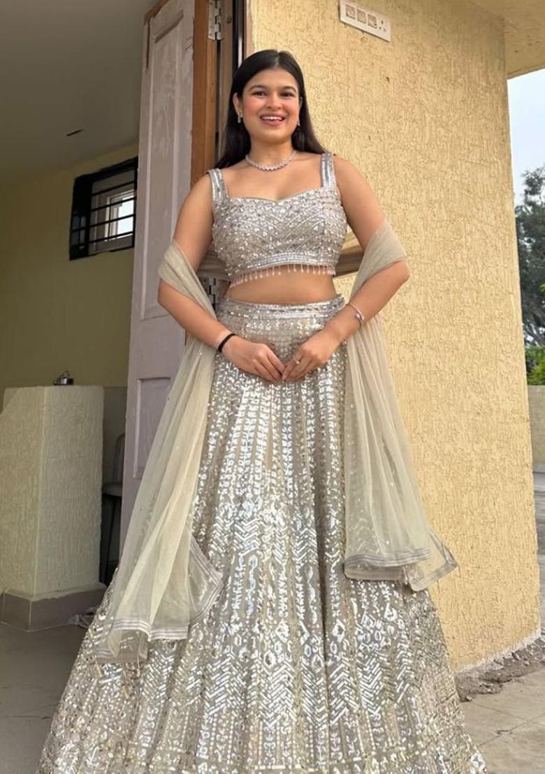 Grey Embroidered Georgette Lehenga Set - Indya