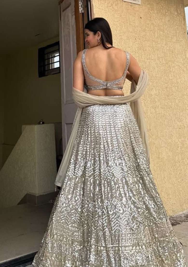 Grey Embroidered Georgette Lehenga Set for Diwali and Festive Wear - Indya