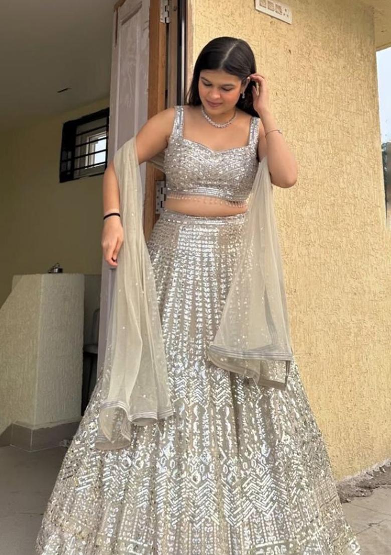 Grey Embroidered Georgette Lehenga Set - Indya