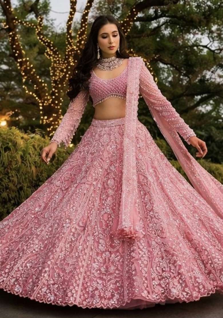 Pink Embroidered Net Lehenga Set for Diwali and Festive Wear - Indya