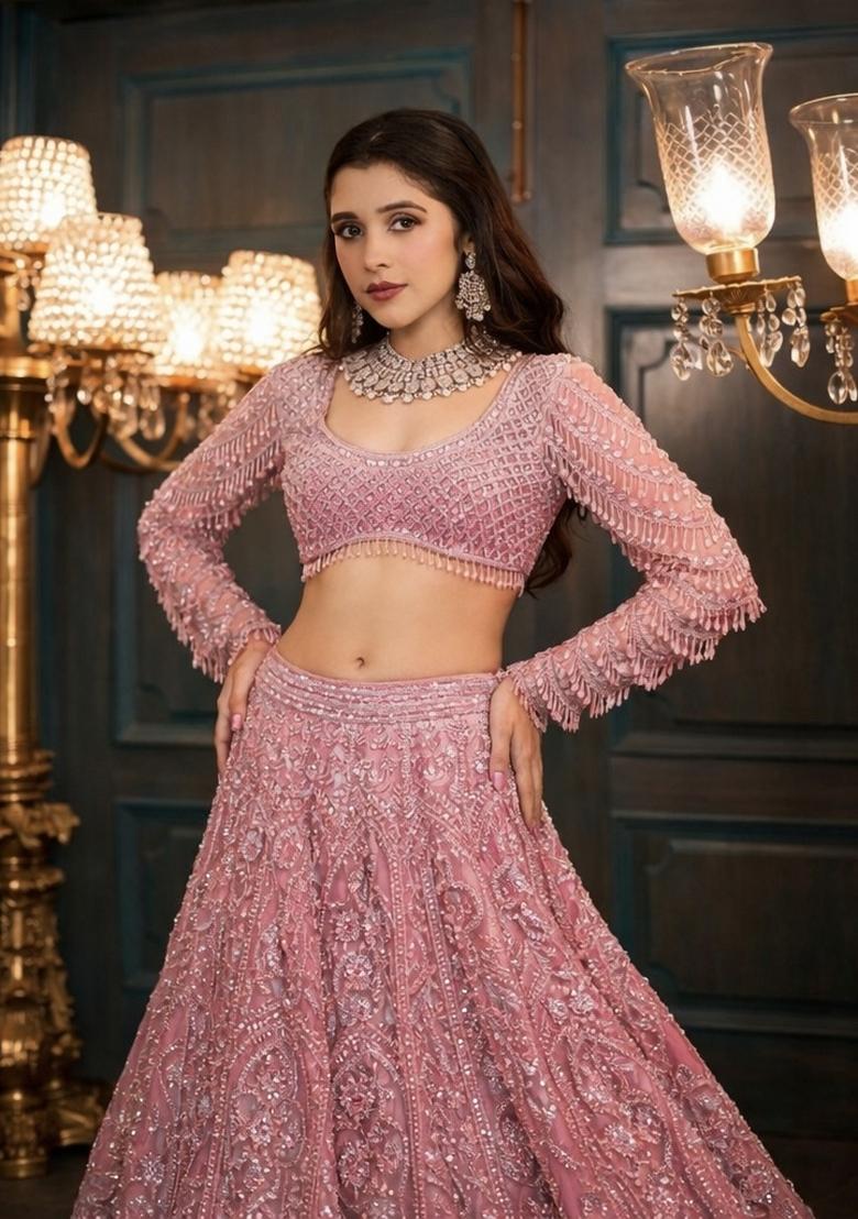 Pink Embroidered Net Lehenga Set - Indya