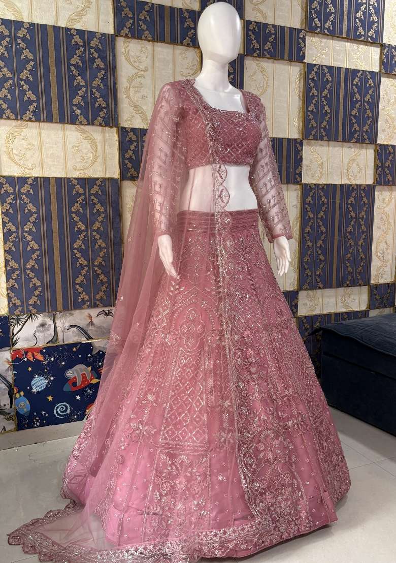 Pink Embroidered Net Lehenga Set for Diwali and Festive Wear - Indya