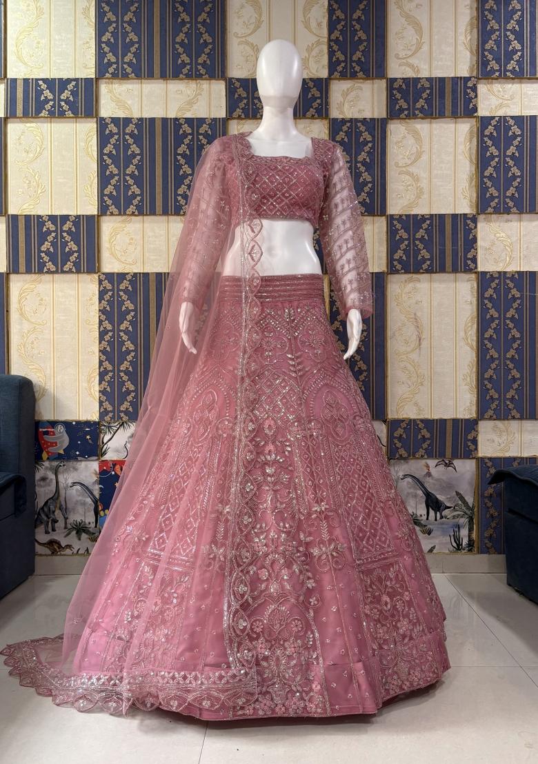 Pink Embroidered Net Lehenga Set - Indya