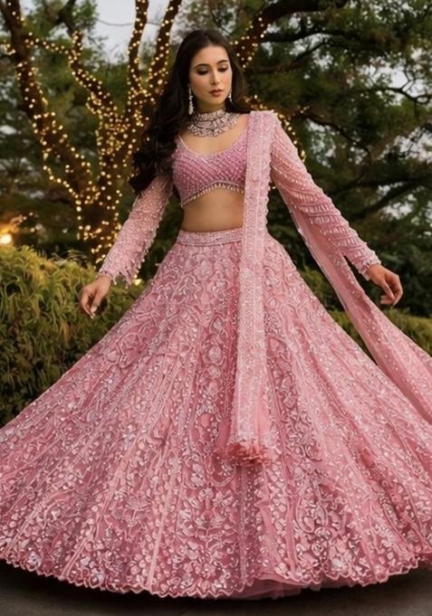 Pink Embroidered Net Lehenga Set