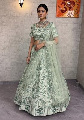Pista Green Embroidered Silk Lehenga Set