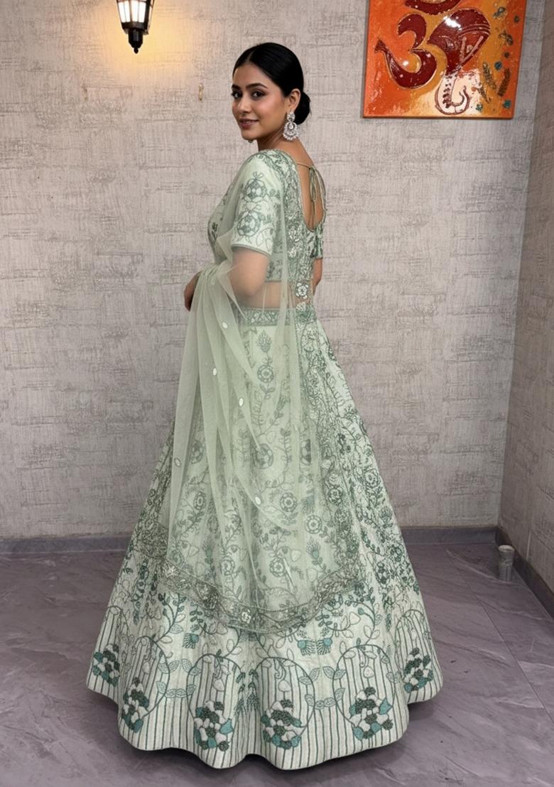 Pista Green Embroidered Silk Lehenga Set - Indya