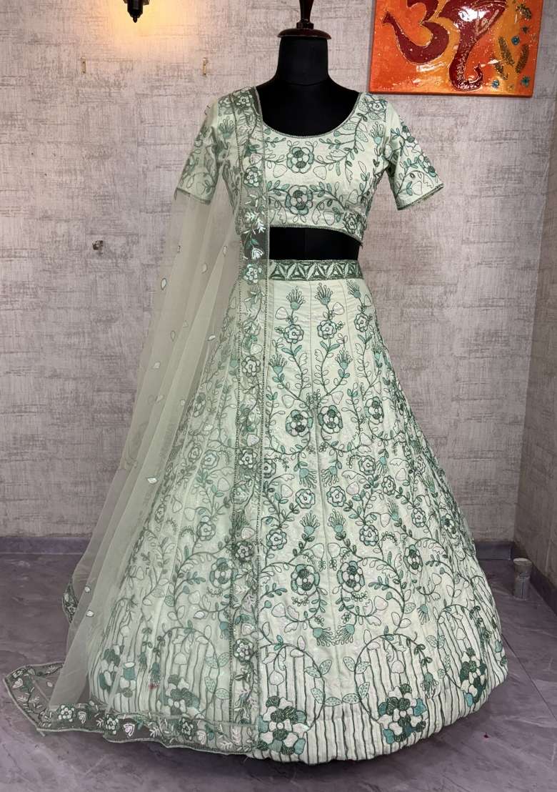Pista Green Silk Lehenga Set with Embroidered for Diwali | Wedding & Festive Wear - Indya