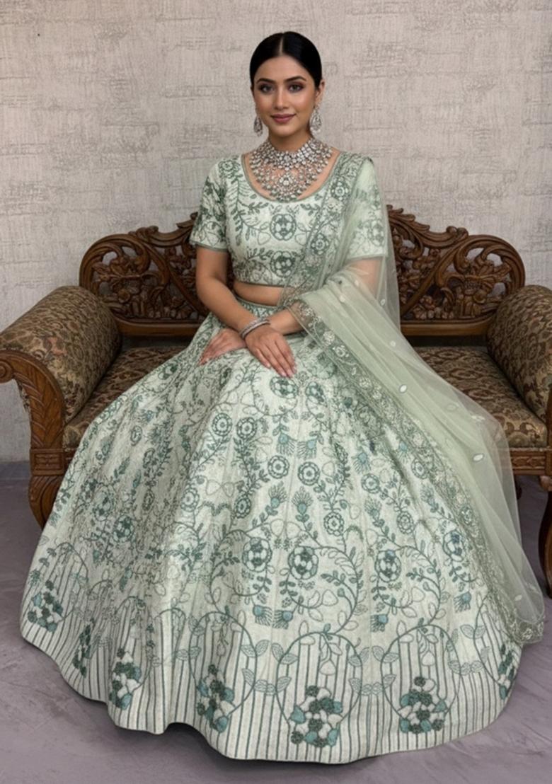 Pista Green Embroidered Silk Lehenga Set - Indya