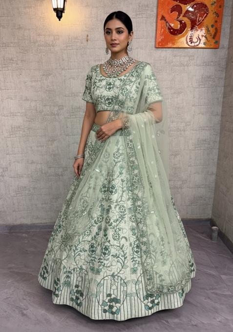 Pista Green Embroidered Silk Lehenga Set