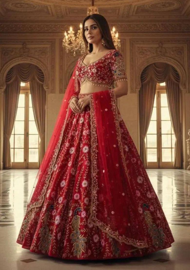 Red Embroidered Net Lehenga Set - Indya