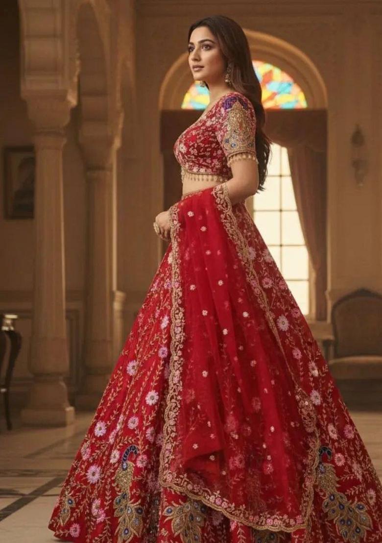 Red Embroidered Net Lehenga Set - Indya