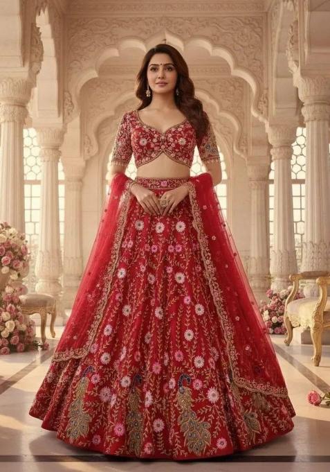 Red Embroidered Net Lehenga Set