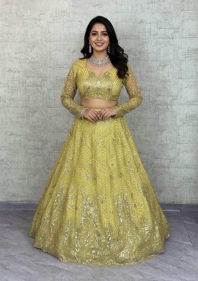 Pista Light Embroidered Net Lehenga Set - Indya