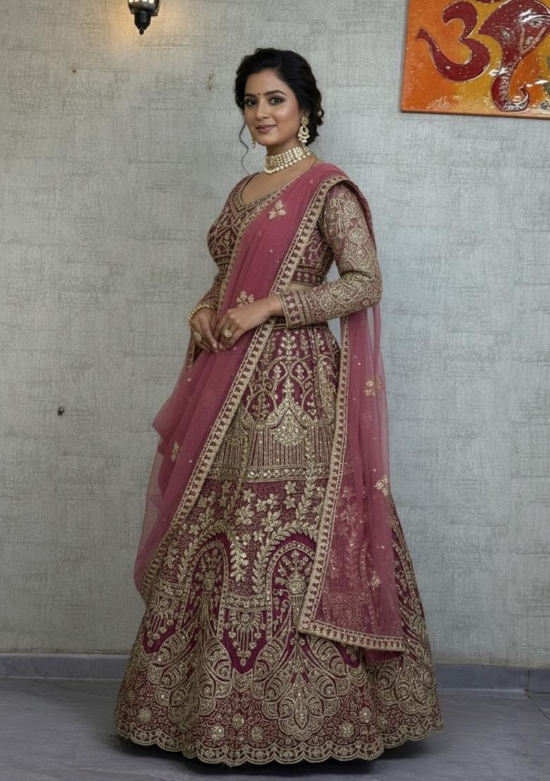 Magenta Embroidered Net Lehenga Set - Indya