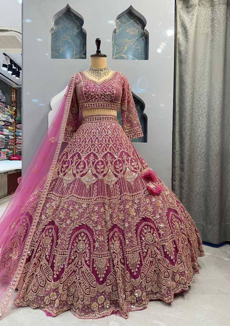 Magenta Embroidered Net Lehenga Set - Indya