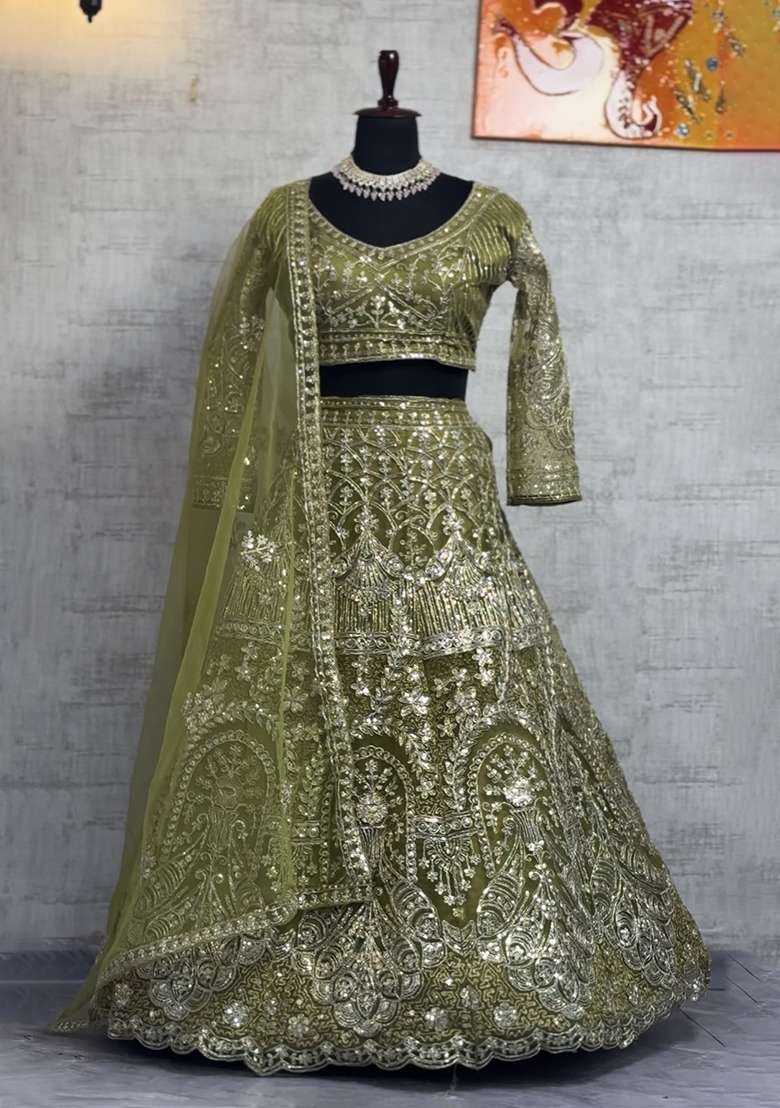 Mehendi Embroidered Net Lehenga Set for Diwali and Festive Wear - Indya