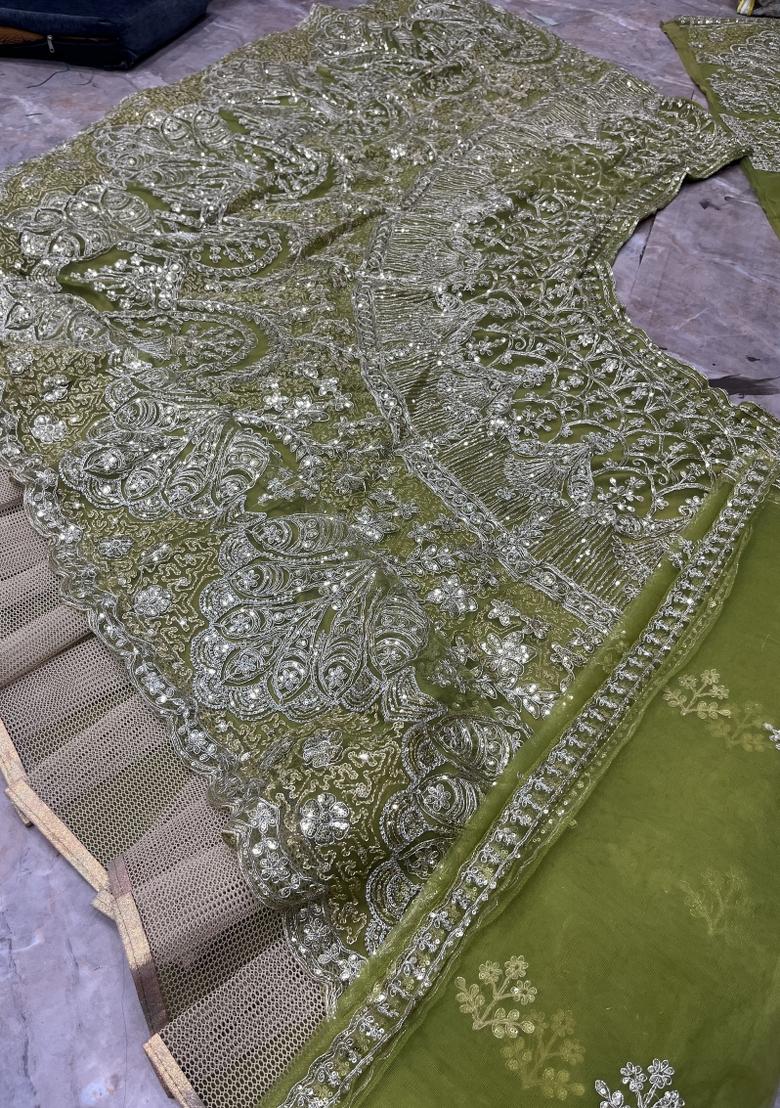 Mehendi Embroidered Net Lehenga Set - Indya