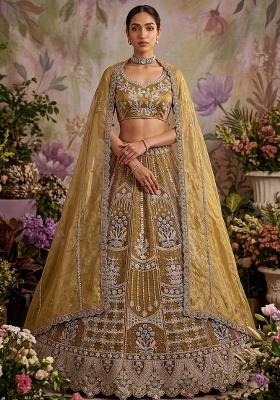 Brown Embroidered Net Lehenga Set