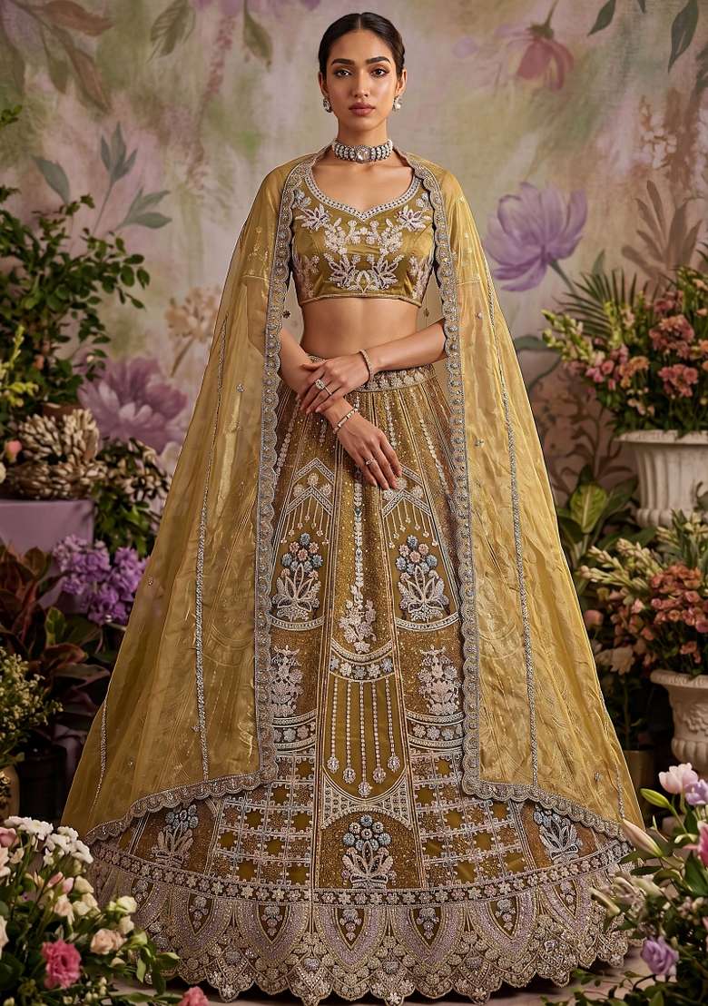 Brown Embroidered Net Lehenga Set - Indya