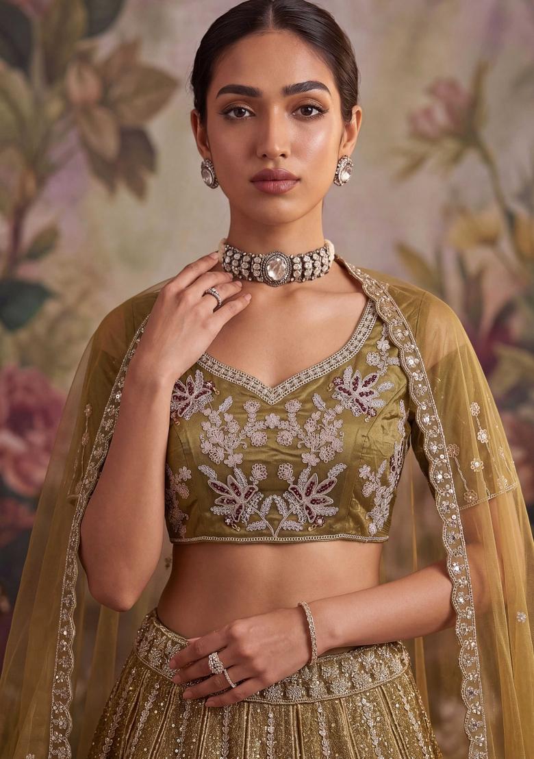 Brown Embroidered Net Lehenga Set - Indya