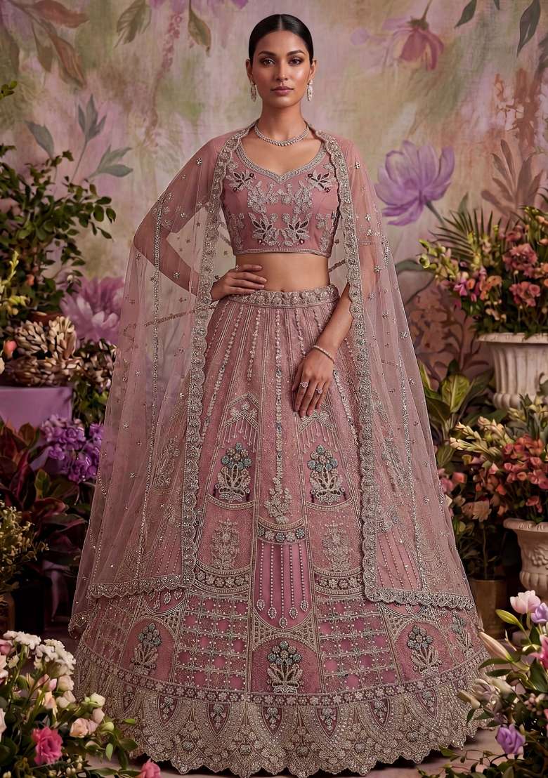 Pink Embroidered Net Lehenga Set - Indya