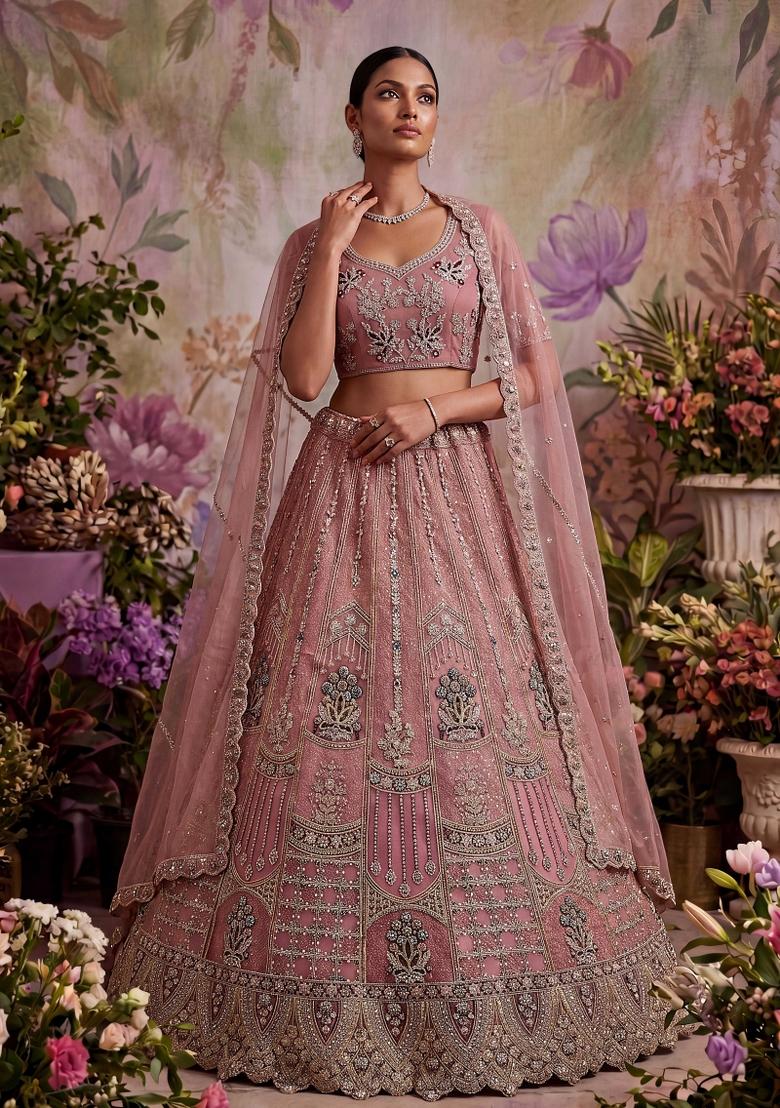 Pink Embroidered Net Lehenga Set - Indya